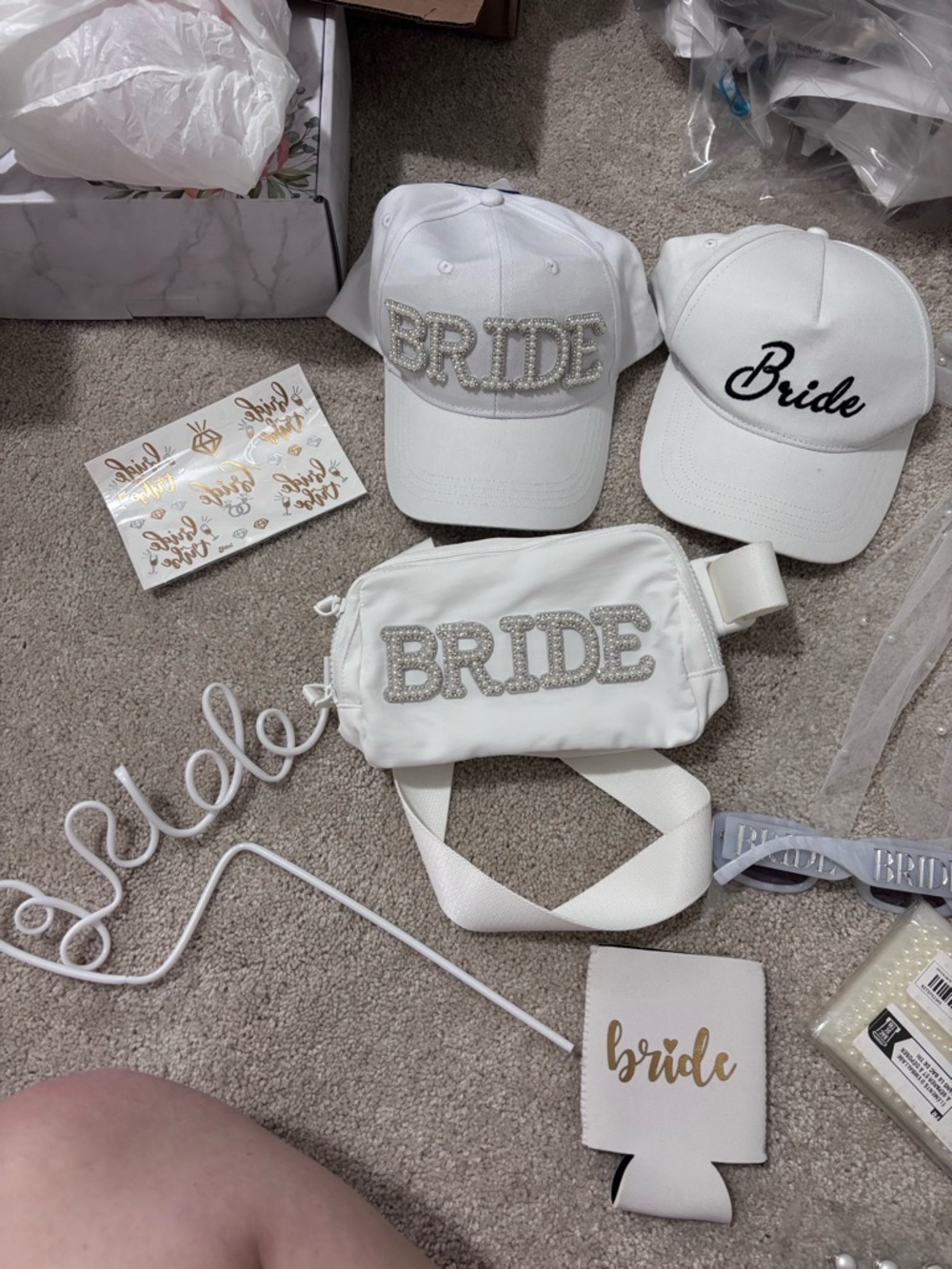 BRIDE White Embellished Baseball Caps & Belt Bag Set